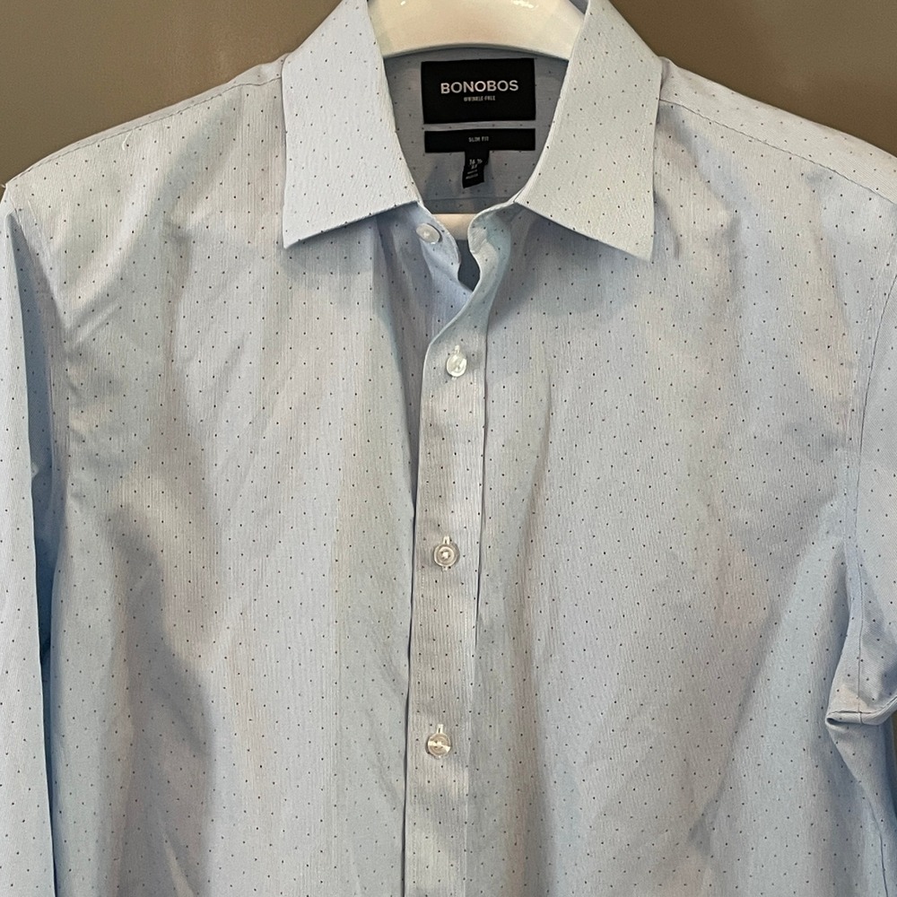 Bonobos Slim Fit Wrinkle-Free Dress Shirt Blue Red Dot 16.5 33 Mens Cotton
